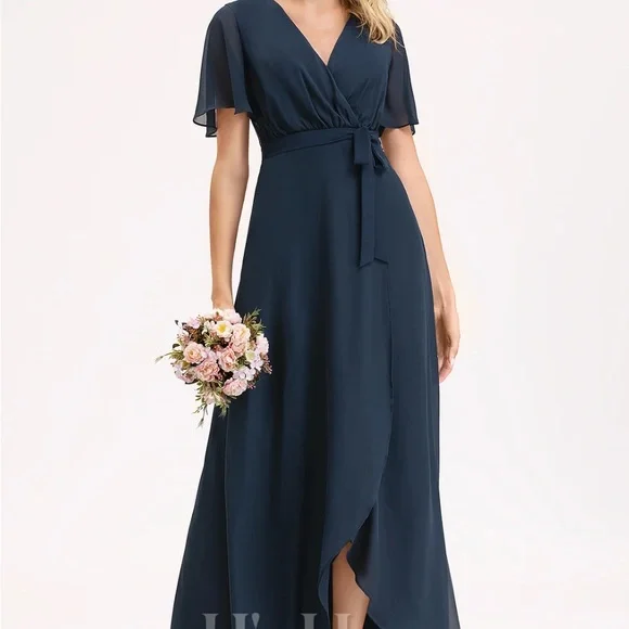 JJs House | Dresses | Aline Vneck Asymmetrical Chiffon Bridesmaid Dress  With Bow Pleated 9703 | Poshmark